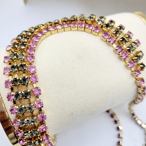 Stunning Vintage Rhinestone Choker Necklace • Hook Clasp • Pink & Gray - Picture 5 of 6
